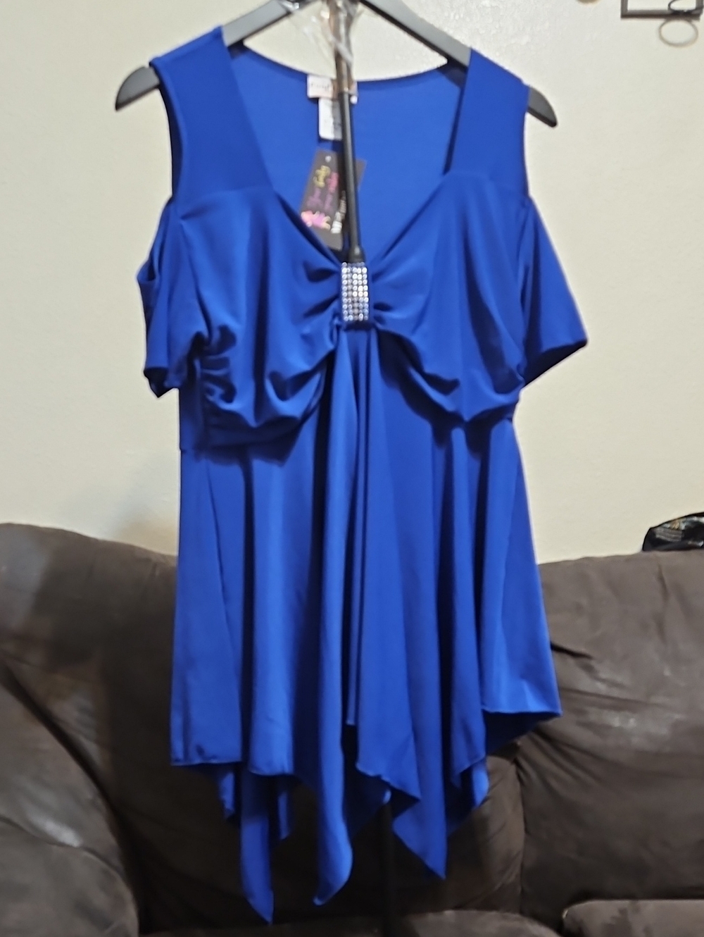 FunFash Cobalt Blue Cold-Shoulder Handkerchief Hem Top with Rhinestone Buckle